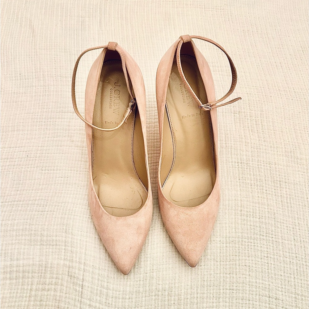 J crew Women's Pink Nude Tan Suede Pointed-Toe Ankle-Strap Pumps leather
